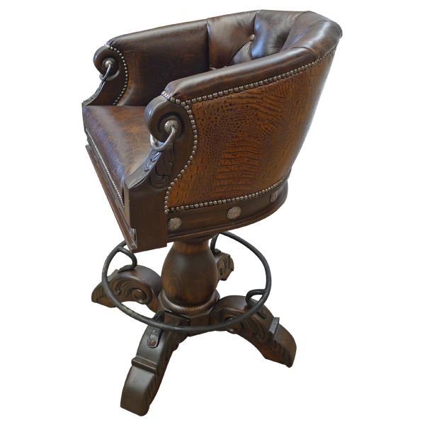 Three-quarter view of La Rocca Colonial 2 bar stool showing smooth mahogany leather front and patterned leather back