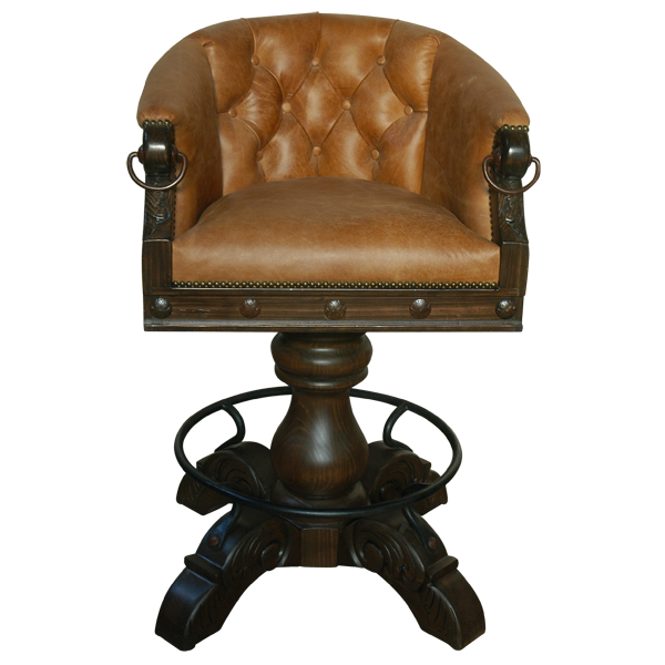 Front view of La Rocca Colonial 3 bar stool with brown leather, button tufted seatback, and iron conchos