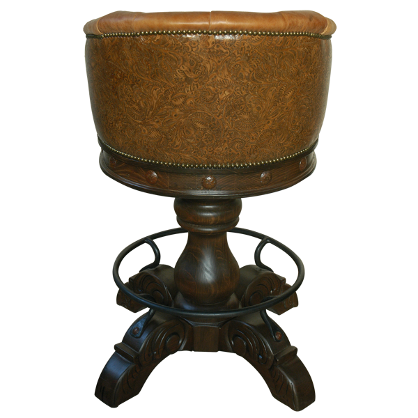 Rear view of La Rocca Colonial 3 bar stool with patterned leather backrest and iron accents