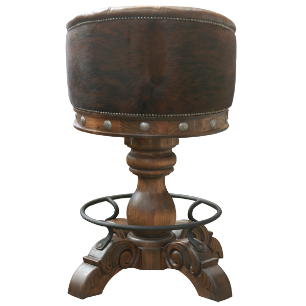 Rear view of La Rocca Colonial 6 bar stool with dark chocolate leather backrest, silver conchos, and iron ring details
