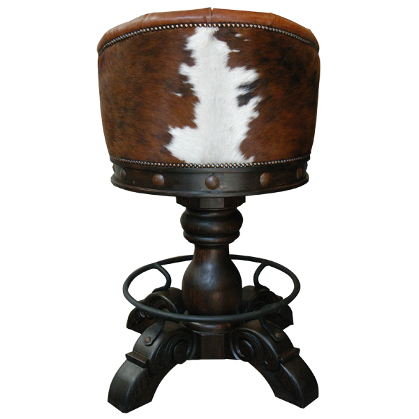 Rear view of La Rocca Colonial 8 bar stool with patterned cowhide backrest and iron accents