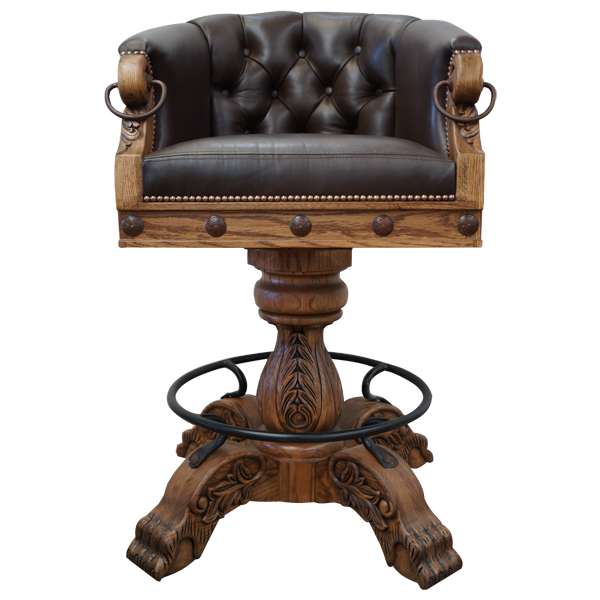 Front view of La Rocca Colonial 9 bar stool with chocolate leather seat and ornate floral wood carving