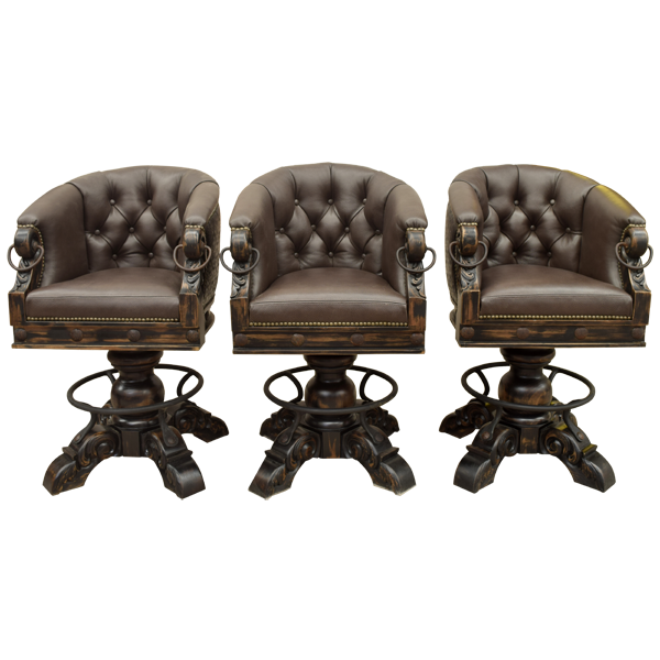 Group view of three La Rocca Colonial 12 bar stools with chocolate leather and embossed backrests