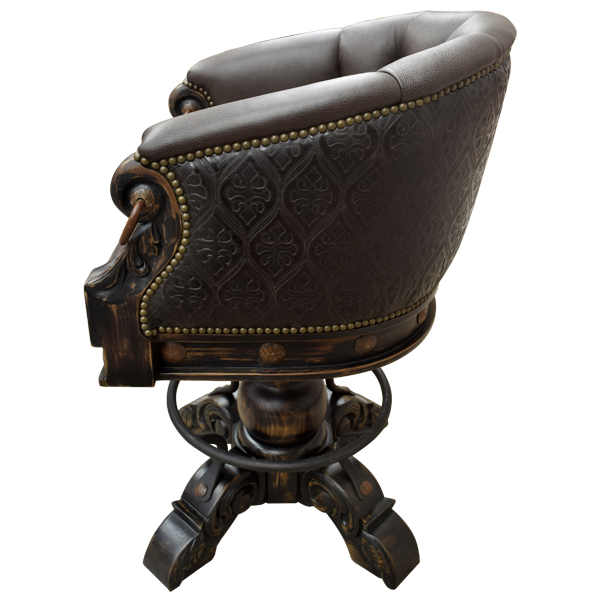 Side view of La Rocca Colonial 12 bar stool with embossed leather backrest and iron ring armrest