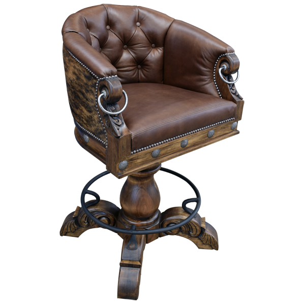 Elevated three-quarter view of La Rocca Colonial 13 bar stool with tufted seat and iron accents