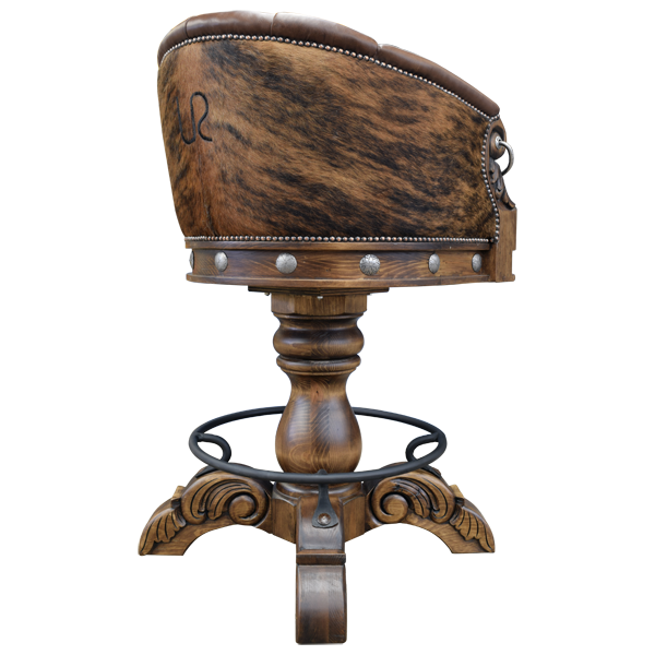 Three-quarter rear view of La Rocca Colonial 13 bar stool with cowhide back and iron conchos