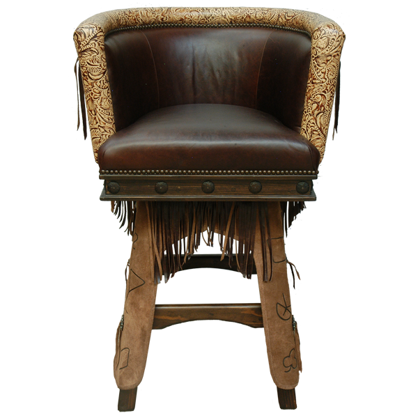 Front view of Vaquero bar stool with dark brown leather seat and western decorative elements