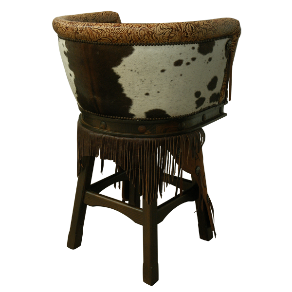 Rear three-quarter view of Vaquero bar stool with cowhide backrest and leather fringe