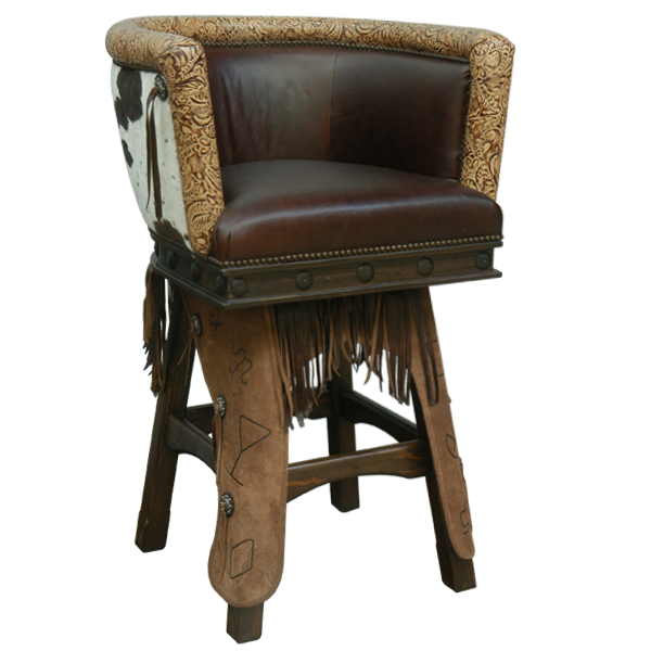 Three-quarter view of Vaquero bar stool showing leather chaps with burned iron conchos and fringe