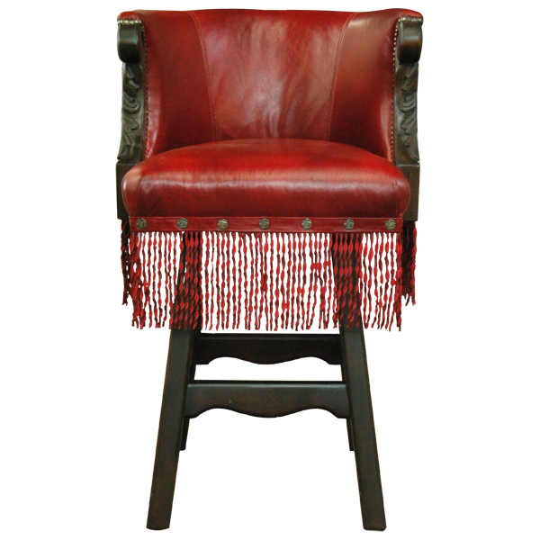 Front view of Rancho Chulo 2 bar stool with red leather seat and carved armrest