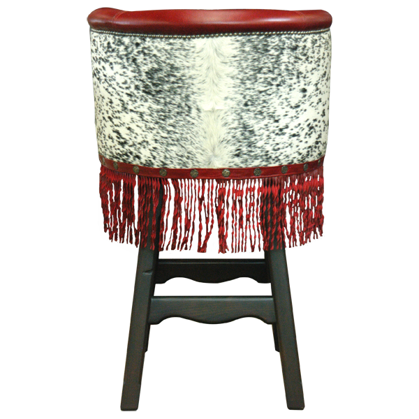 Rear view of Rancho Chulo 2 bar stool with cowhide backrest and red fringe