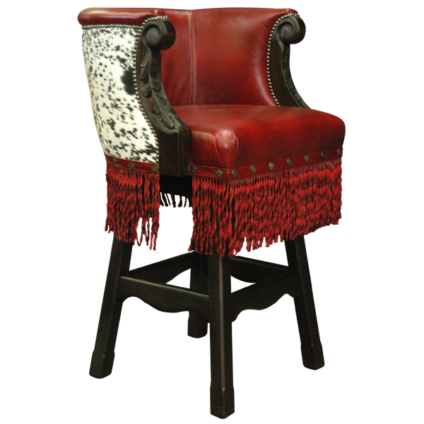 Three-quarter view of Rancho Chulo 2 bar stool with cowhide backrest and red leather fringe