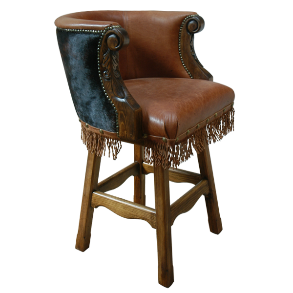 Three-quarter view of Rancho Chulo 3 bar stool with brown leather seat and blue suede back