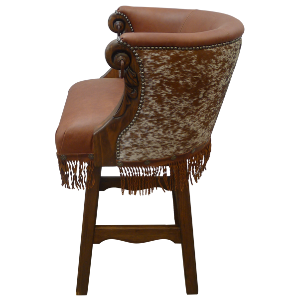Side view of Rancho Chulo 4 bar stool with carved armrest and iron ring detail