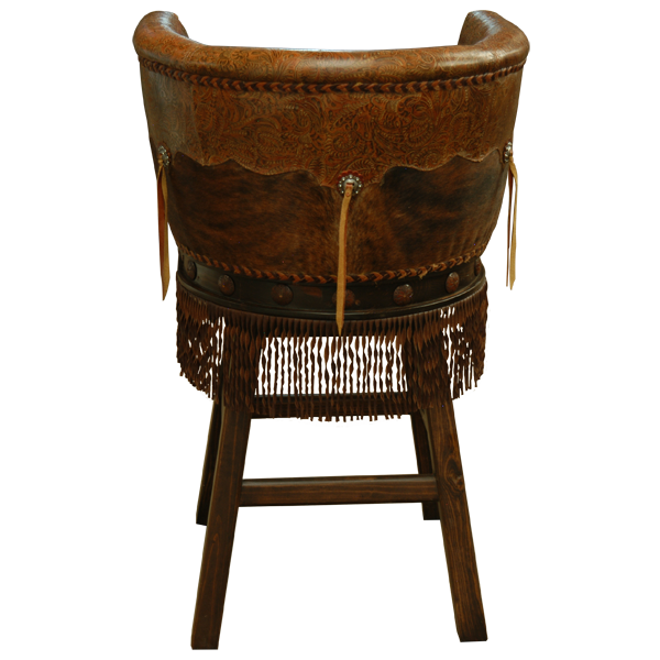 Rear view of Quiniño 3 bar stool with cowhide back and iron conchos