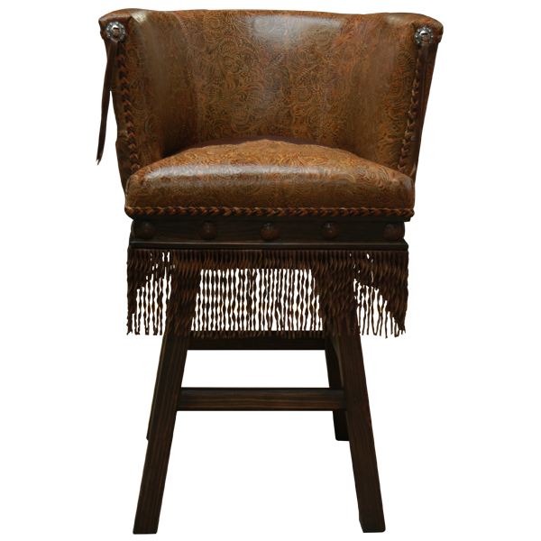 Front view of Quiniño 3 bar stool with dark leather seat and copper conchos