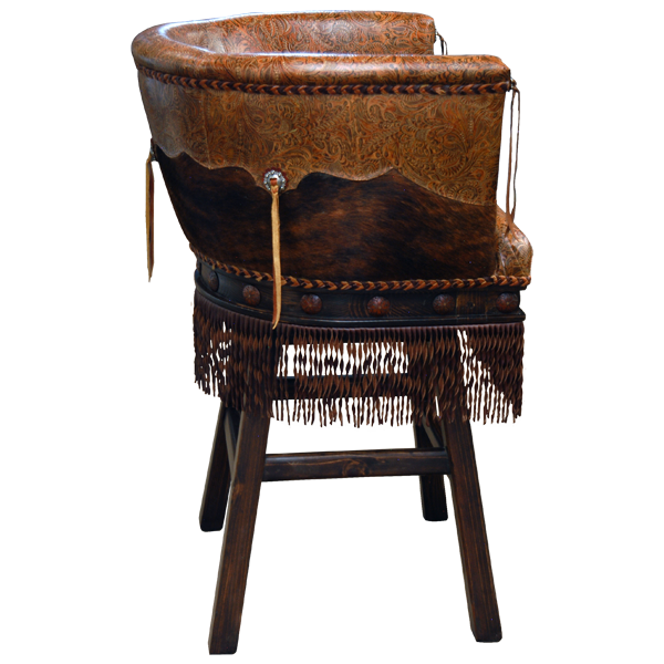 Side view of Quiniño 3 bar stool with copper conchos and latigo fringe