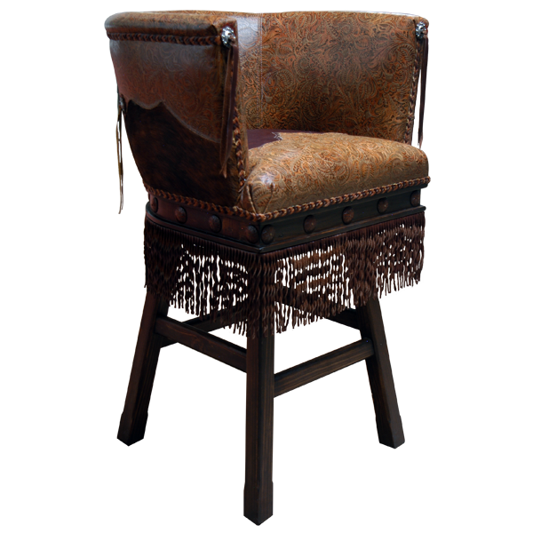 Three-quarter view of Quiniño 3 bar stool with cowhide back and braided leather detail