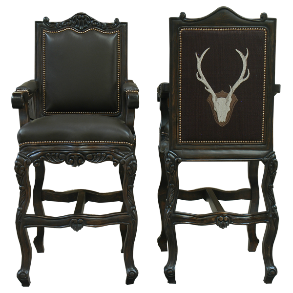 Front and top view of Arms The Picador 3 bar stool with dark chocolate leather and carved crest