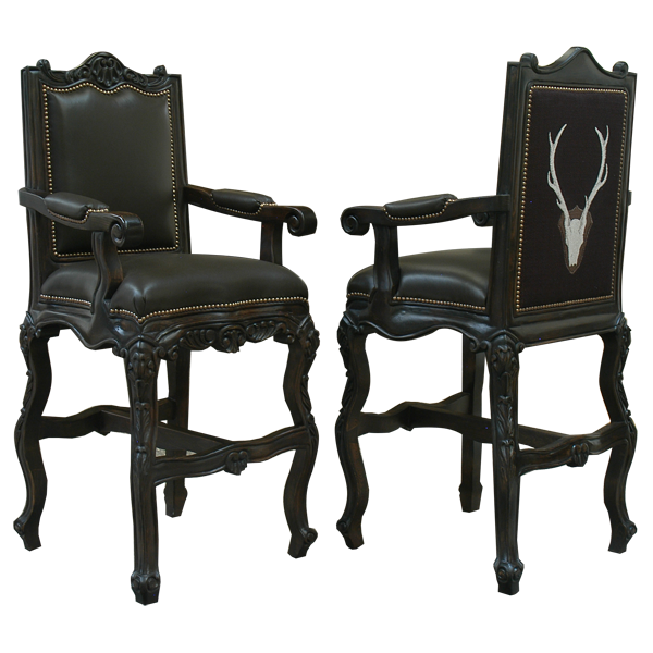 Three-quarter view of Arms The Picador 3 bar stool showing leather front and embroidered fabric back