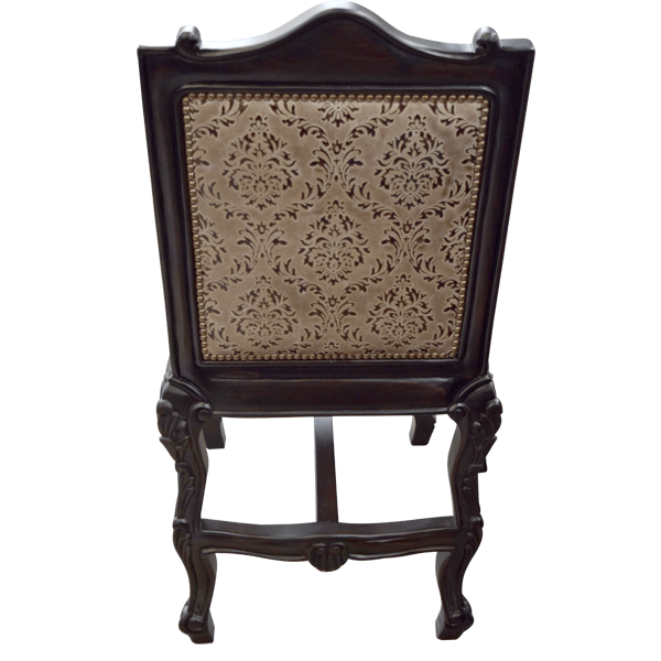 Rear view of The Picador 6 bar stool with embossed leather backrest and carved wood