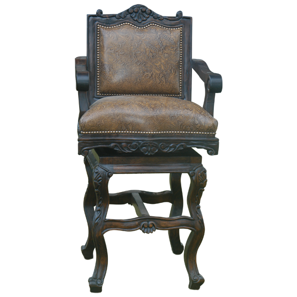 Front view of El Picador 2 bar stool with dark brown leather and carved crest