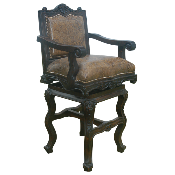 Three-quarter front view of El Picador 2 bar stool showing carved details and dark leather