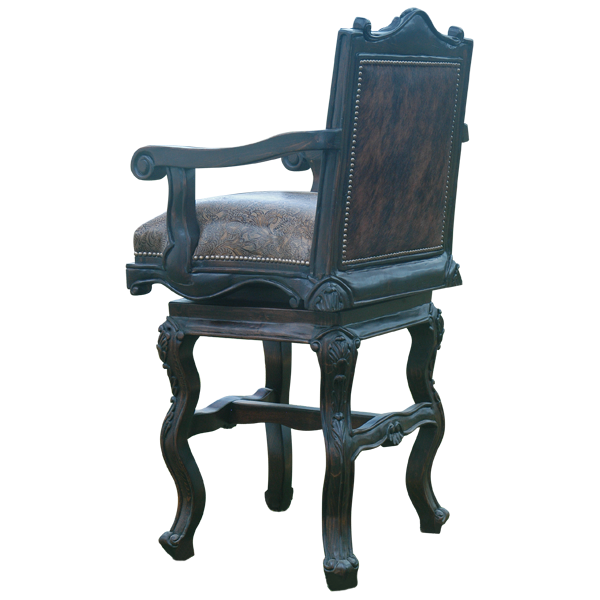 Rear three-quarter view of El Picador 2 bar stool with dark leather backrest and carved wood