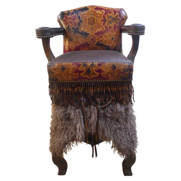 Front view of Willy bar stool with brown leather seat and wooly chaps on front legs