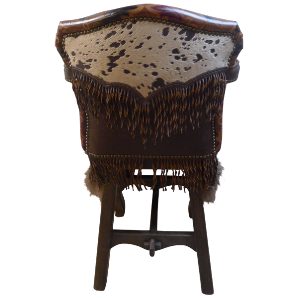Rear view of Willy bar stool with cowhide back panel and leather fringe