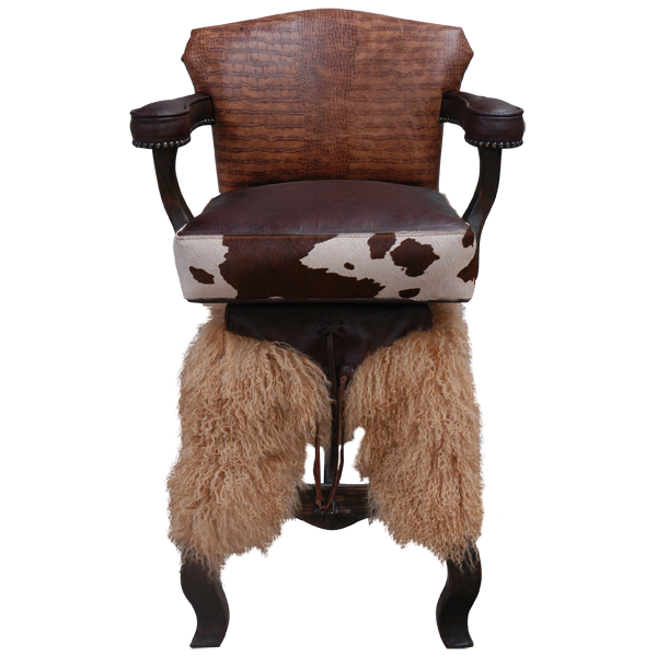 Front view of Willy II bar stool with chocolate leather seat, wooly chaps, and iron conchos