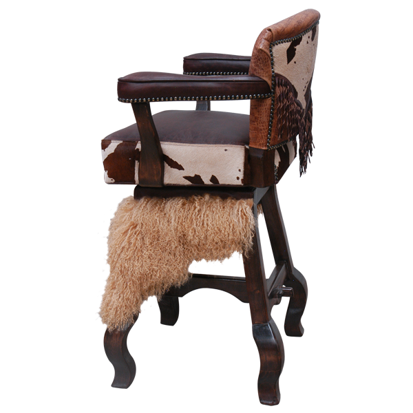 Side view of Willy II bar stool showing cowhide sides and crocodile patterned leather backrest