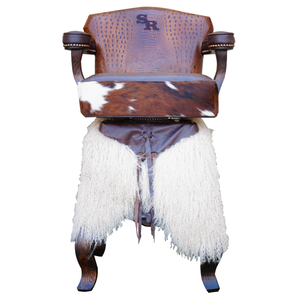 Front view of Willy 3 bar stool with chocolate leather seat, wooly chaps, and iron conchos