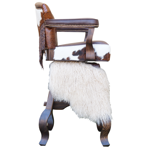 Side view of Willy 3 bar stool with cowhide sides and cabriole legs joined by H stretcher