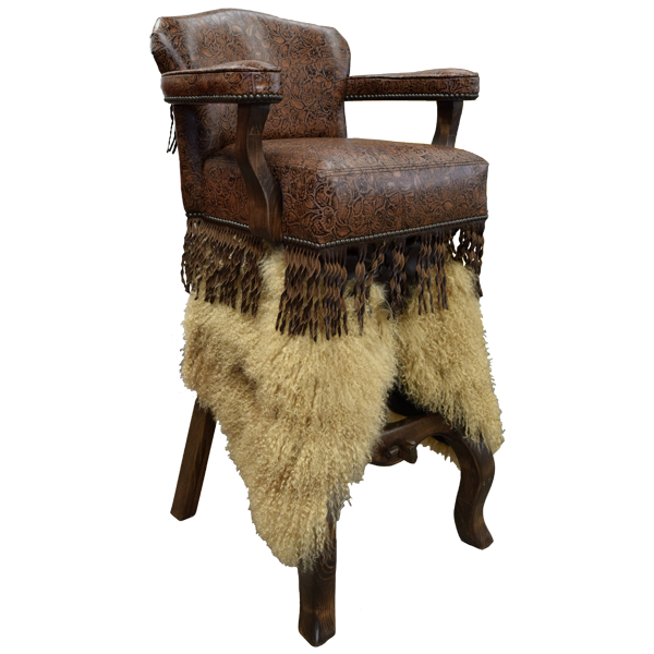 Semi-front view of Willy 4 bar stool showing embossed leather backrest and cowhide sides