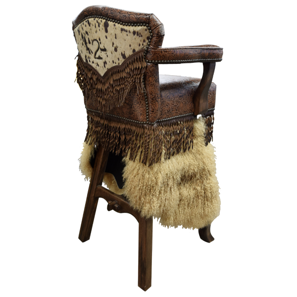Three-quarter rear view of Willy 4 bar stool with cowhide and embossed leather backrest