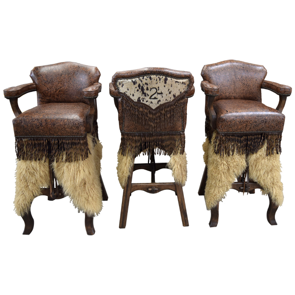 Trio of Willy 4 bar stools with two front views and one rear view showing branded cowhide