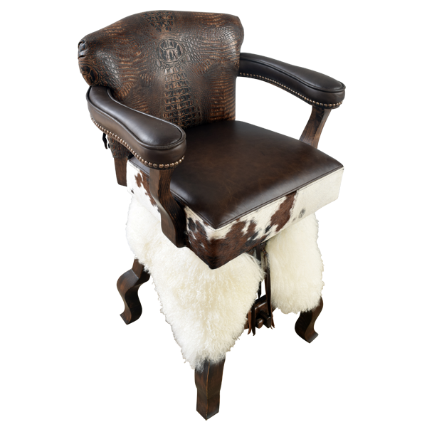 Elevated three-quarter front view of Willy 5 bar stool with cowhide sides and crocodile leather back