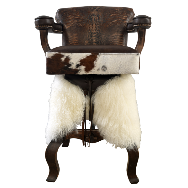 Front view of Willy 5 bar stool with chocolate leather seat and white wooly chaps