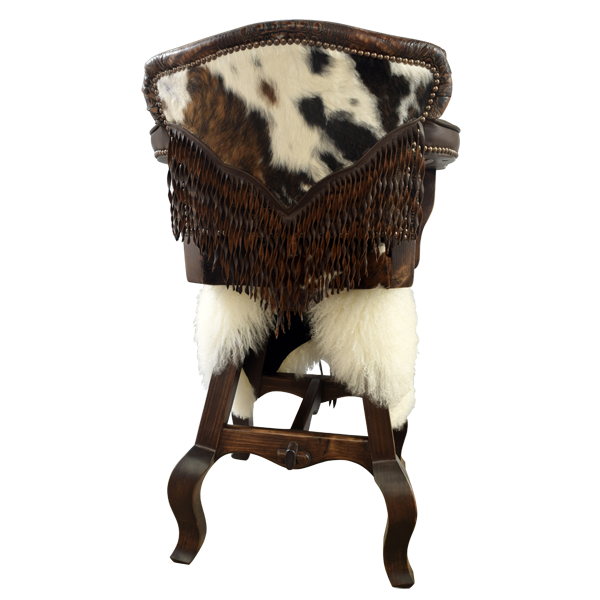 Rear view of Willy 5 bar stool with cowhide back and fringe detail