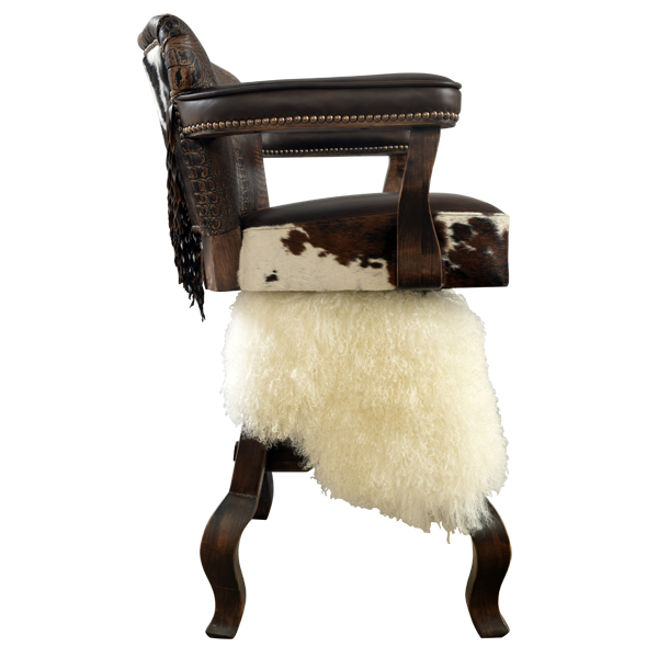 Side view of Willy 5 bar stool with cowhide panel and carved armrest