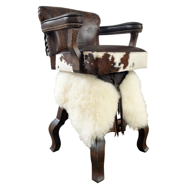 Three-quarter front view of Willy 5 bar stool showing crocodile leather back and cowhide sides