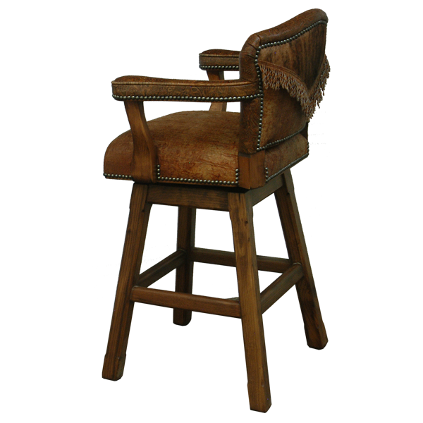 Rear three-quarter view of Cowboy II bar stool with cowhide back and leather fringe