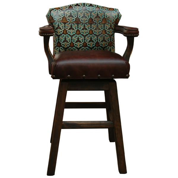 Front view of Cowboy 5 bar stool with turquoise embossed leather and dark wood finish