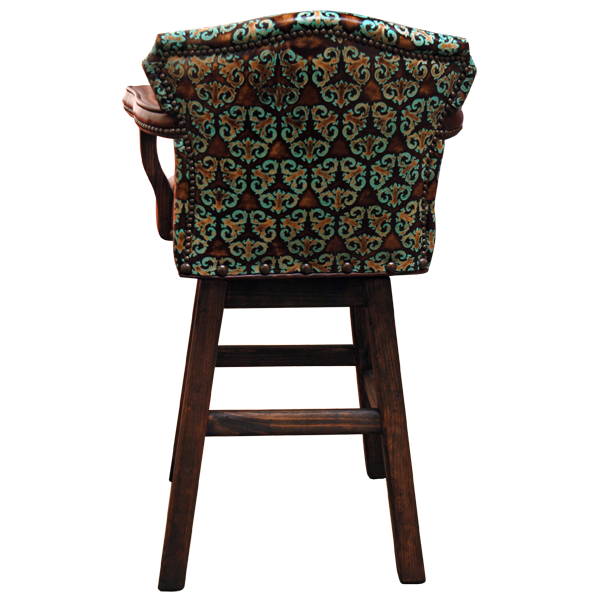 Rear view of Cowboy 5 bar stool with turquoise embossed leather back and dark wood structure