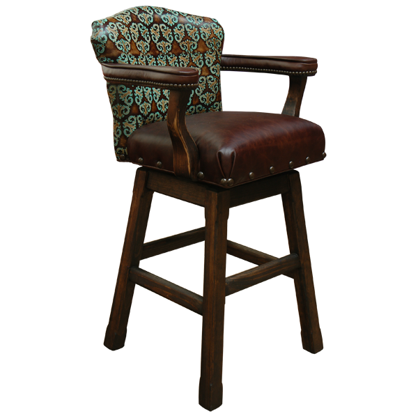 Three-quarter front view of Cowboy 5 bar stool with turquoise leather and handcrafted dark wood frame