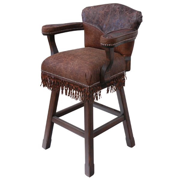 Three-quarter front view of Cowboy 4 bar stool with Western details and dark embossed leather