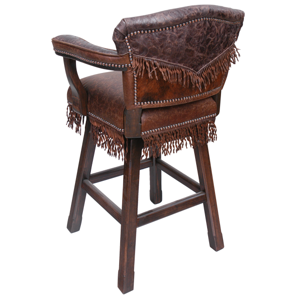 Rear three-quarter view of Cowboy 4 bar stool with V-pattern fringe and Western cutout