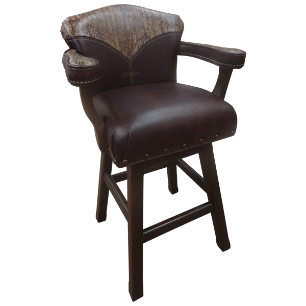 Three-quarter front view of Cowboy 6 bar stool with contrasting leathers and Western details