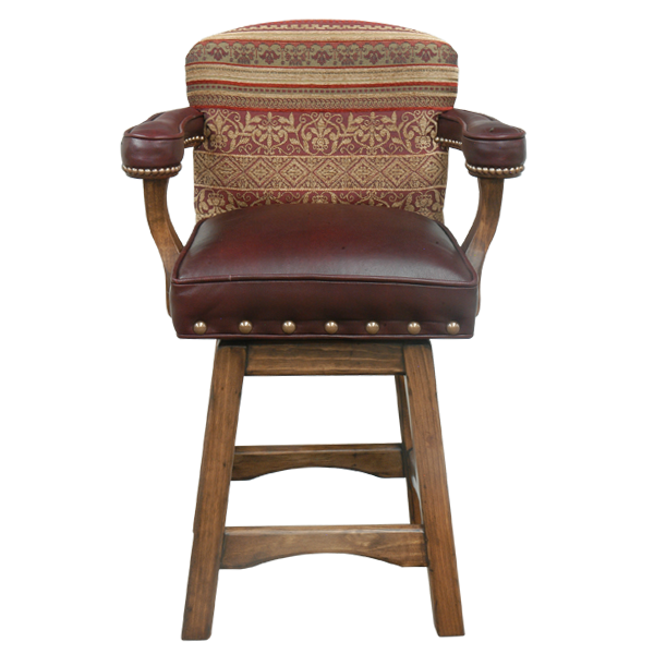 Front view of Pueblo bar stool with patterned fabric backrest and leather seat